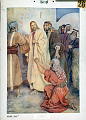 Beskrivelse: Jesus og den kananæiske kvinde.<br>Kunstner: W. C. Simmonds<br>Forlag: Parmanns læremiddelanstalt, Kristiania.                               