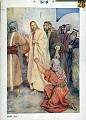 Jesus og den kananæiske kvinde.<br>Kunstner: W. C. Simmonds<br>Forlag: Parmanns læremiddelanstalt, Kristiania.                               