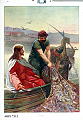 Beskrivelse: Peters fiskefangst. Lukas 5, 1-11<br>Kunstner: Ukjent<br>Forlag: Parmanns Læremiddelanstalt, Kristiania                             