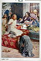 Beskrivelse: Maria salver Jesu føtter<br>Johannes 12, 1-11<br>Kunstner: W.H. Margetson. Årstall 1907.<br>Forlag: Parmanns læremiddelanstalt, Kristiania                               