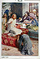 Maria salver Jesu føtter<br>Johannes 12, 1-11<br>Kunstner: W.H. Margetson.<br>Forlag: Parmanns læremiddelanstalt, Kristiania                               