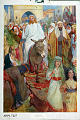 Jesu inntog i Jerusalem.<br>Mattæus 24, 1-11<br>Kunstner: John E. Sukliltz.<br>Forlag: Parmanns læremiddelanstalt, Kristiania                            