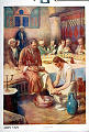 Jesus vasker disiplenes føtter.<br>Johannes 13, 1-20<br>Kunstner: R. Payton Reid<br>Forlag: Parmanns læremiddelantalt, Kristiania                              