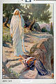 Jesus aapenbarer sig for Maria Magdalena.<br>Johannes 20, 11-13<br>Kunstner: W.H. Margetson<br>Forlag: Parmanns læremiddelanstalt, Kristiania                              